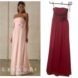 Bill Levkoff Style 633 Cranberry Red Chiffon Pleated  Bodice Flowing Maxi Gown